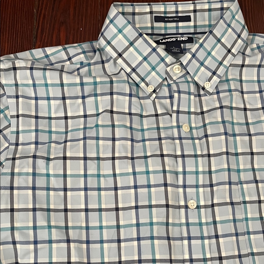 Lands' End Men's Plaid Shirt - Blue and White - Picture 5 of 6